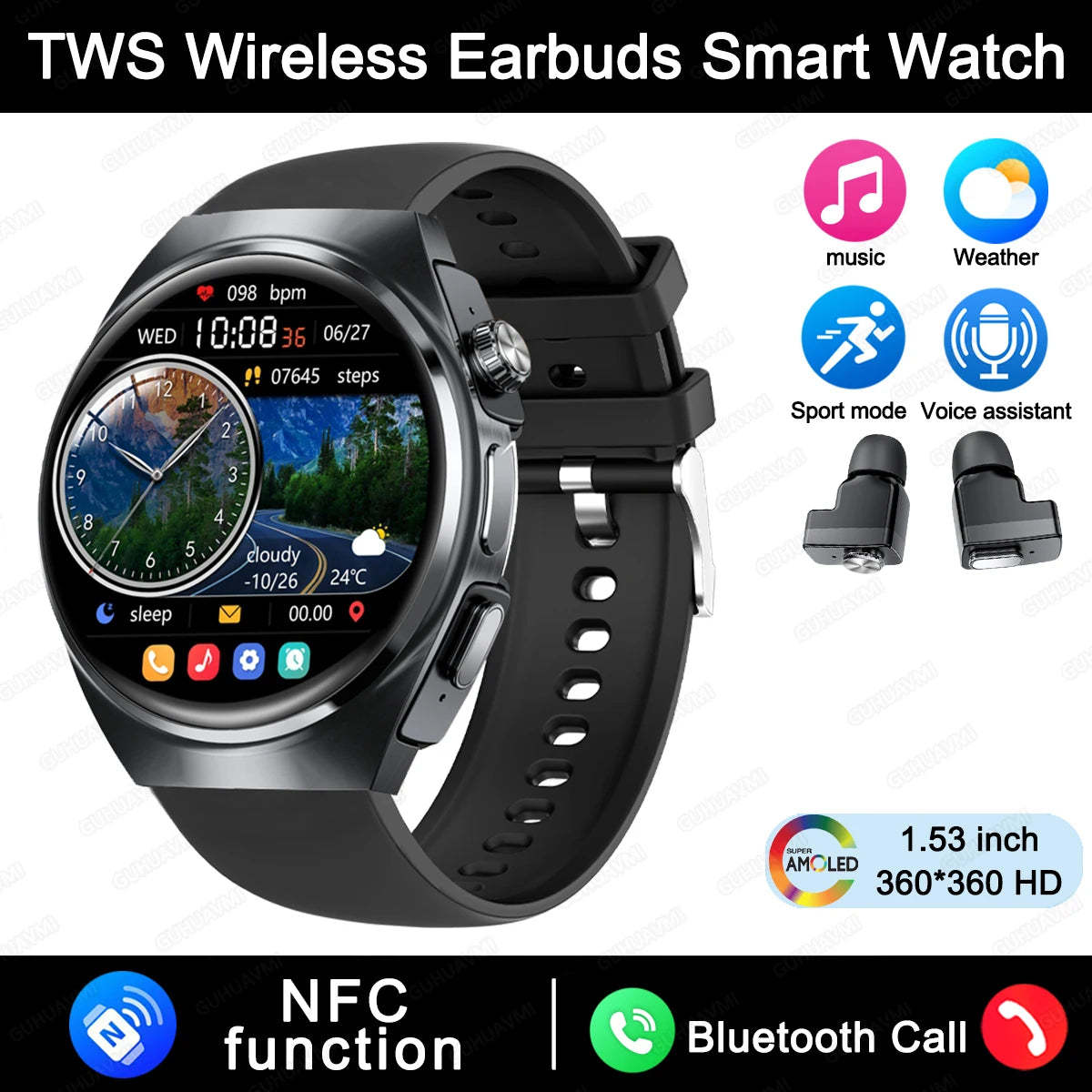 New Sapphire Screen Smart Watch Men 360*360 HD AMOLED TWS Headset Two In One Wireless Bluetooth Call Sport Fitness Smartwatches