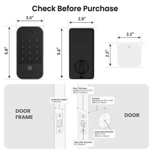 Smart WiFi & Bluetooth Door Lock With Fingerprint, Keypad & Code Entry, App Remote Control, Auto Lock, Black