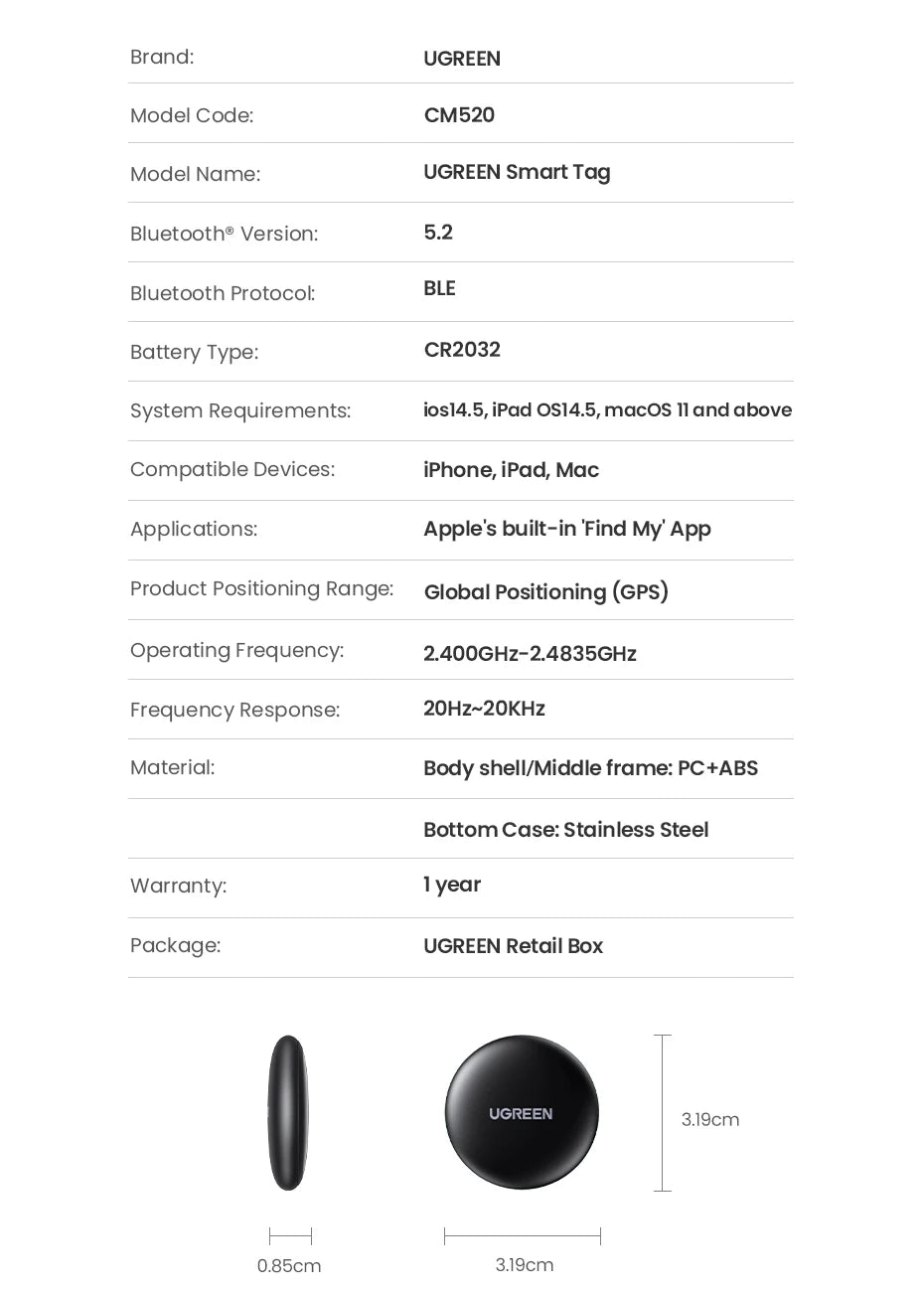 UGREEN Finder Security SmartTrack Link SmartTag With Apple Find My Key Bluetooth Tracker For Earbud Luggage MFi Phone Finder IOS