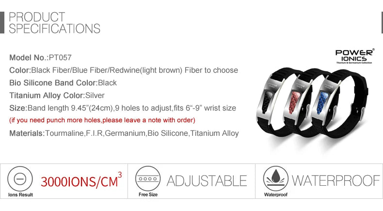 Power Ionics 3000 iones/cc Ironman Titanio Germanio FIR Fibra de Carbono Bio Reloj Pulsera de Golf con Grabado Grabado Gratis