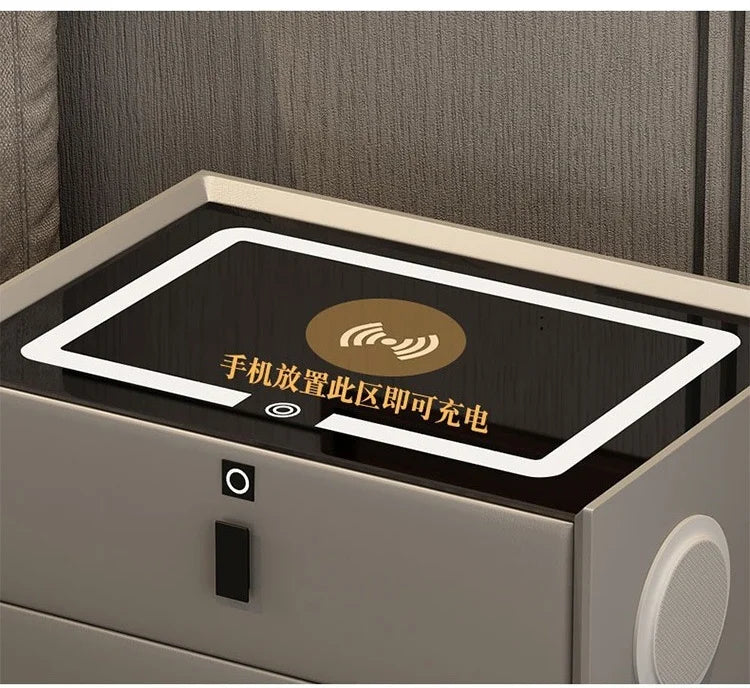 3 Drawers Smart Bedside Table with Wireless Charging Solid Wood Bedroom End Table with Fingerprints Lock Hotel Nightstands