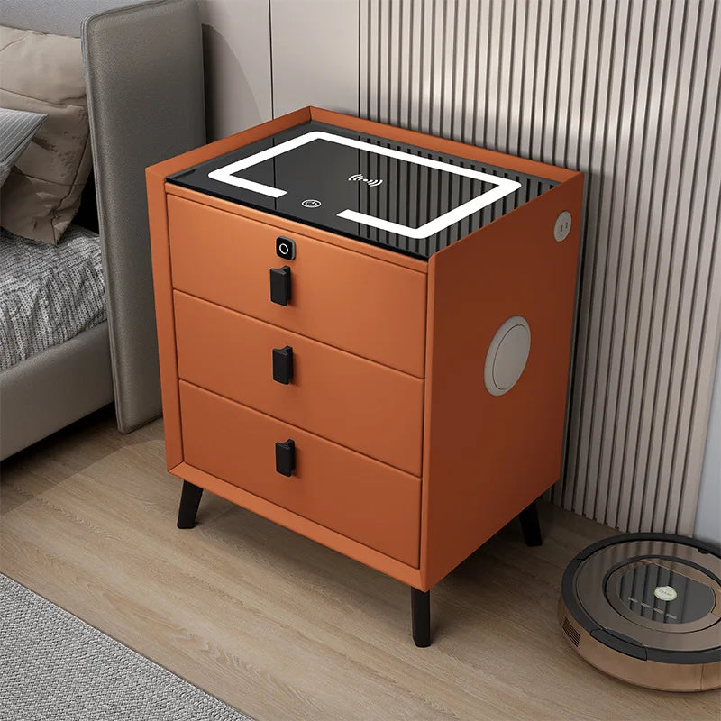 3 Drawers Smart Bedside Table with Wireless Charging Solid Wood Bedroom End Table with Fingerprints Lock Hotel Nightstands