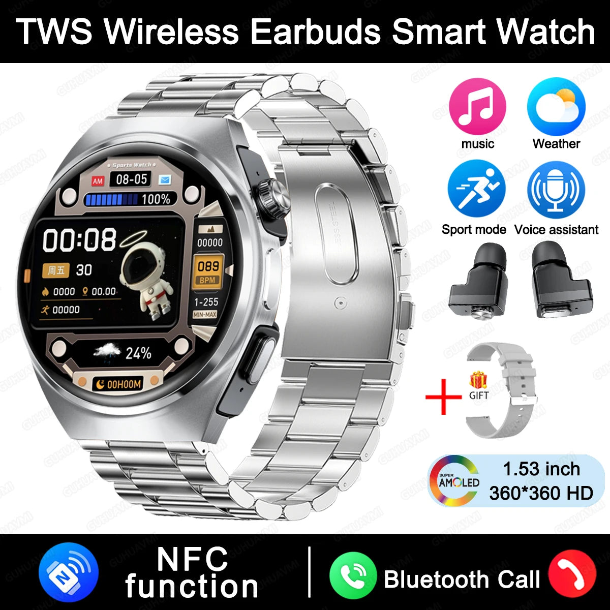 New Sapphire Screen Smart Watch Men 360*360 HD AMOLED TWS Headset Two In One Wireless Bluetooth Call Sport Fitness Smartwatches