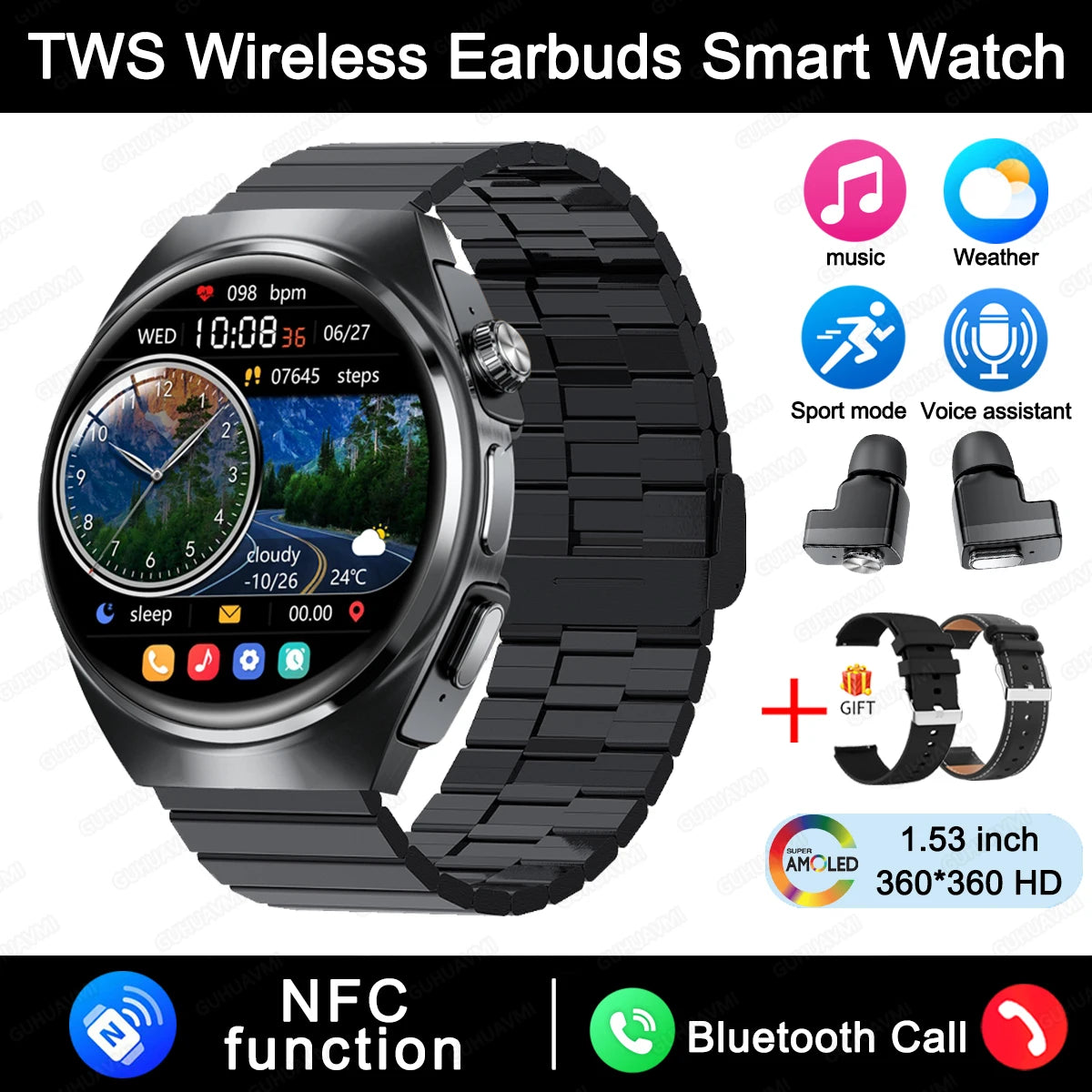 New Sapphire Screen Smart Watch Men 360*360 HD AMOLED TWS Headset Two In One Wireless Bluetooth Call Sport Fitness Smartwatches
