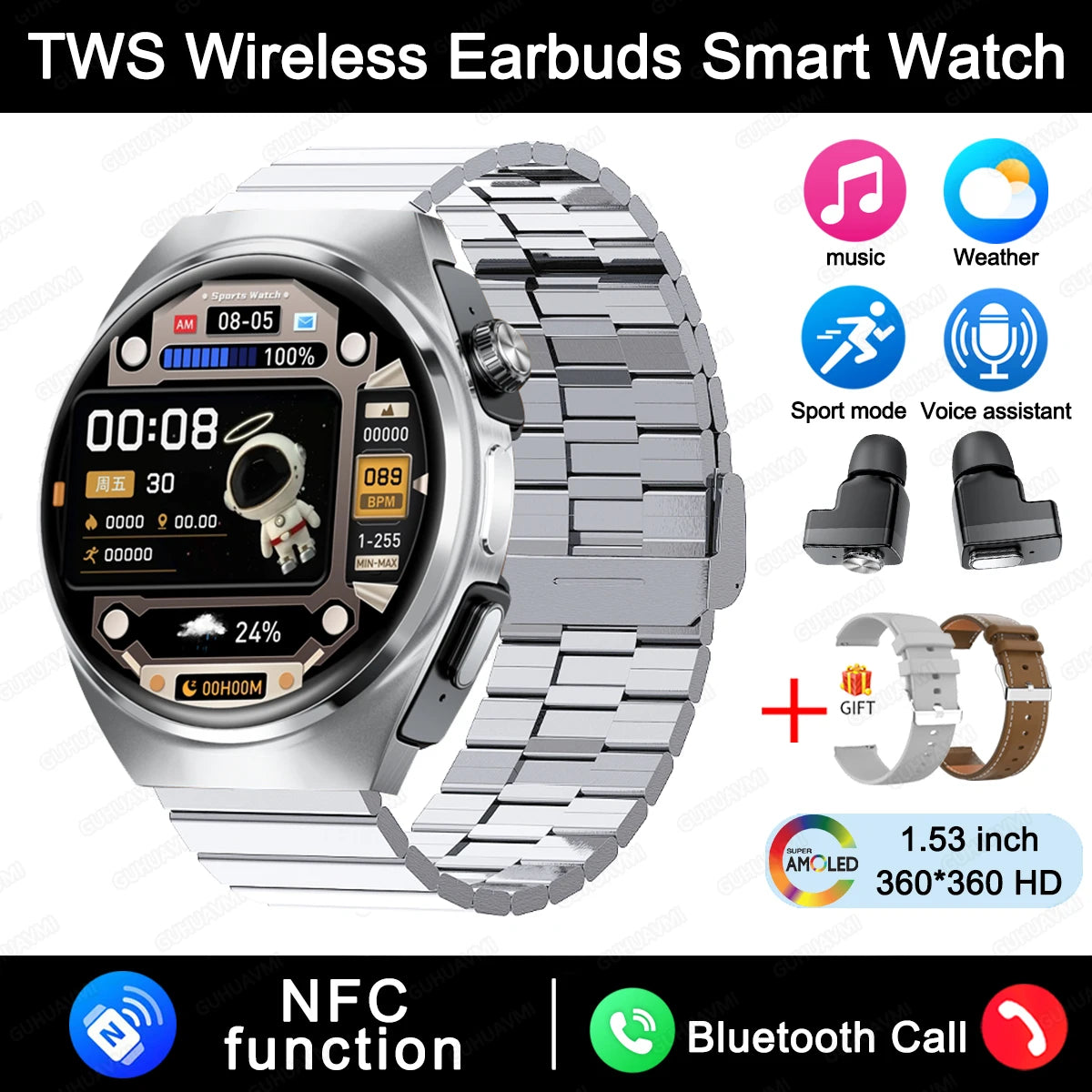 New Sapphire Screen Smart Watch Men 360*360 HD AMOLED TWS Headset Two In One Wireless Bluetooth Call Sport Fitness Smartwatches