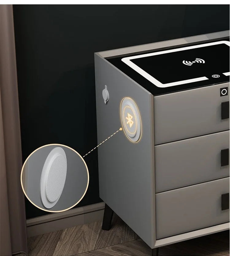 3 Drawers Smart Bedside Table with Wireless Charging Solid Wood Bedroom End Table with Fingerprints Lock Hotel Nightstands