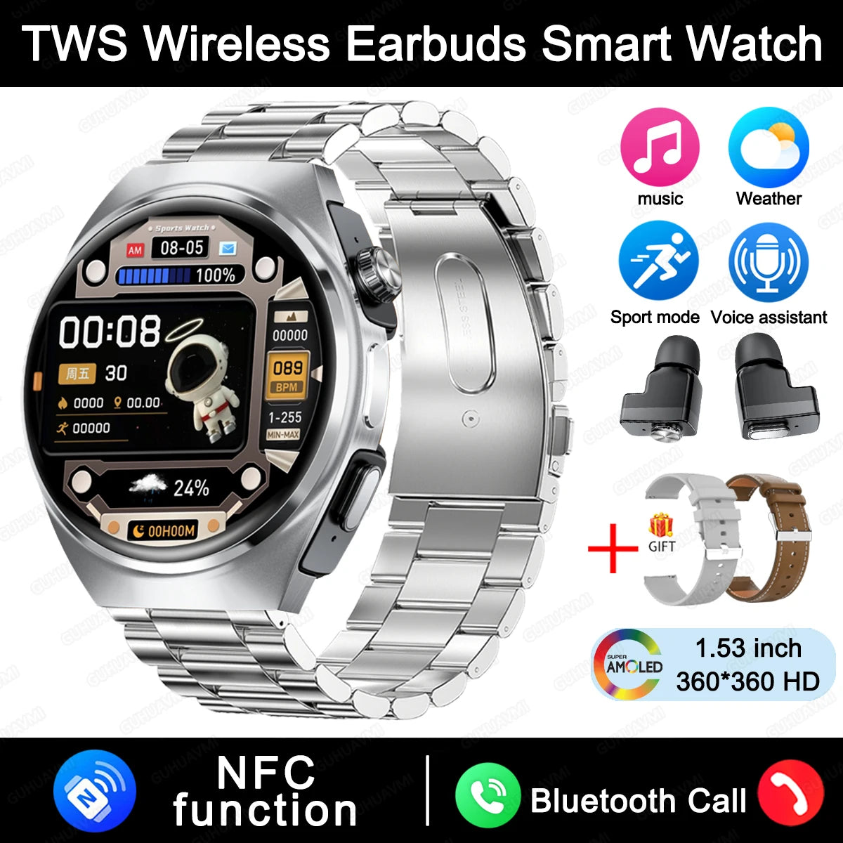 New Sapphire Screen Smart Watch Men 360*360 HD AMOLED TWS Headset Two In One Wireless Bluetooth Call Sport Fitness Smartwatches