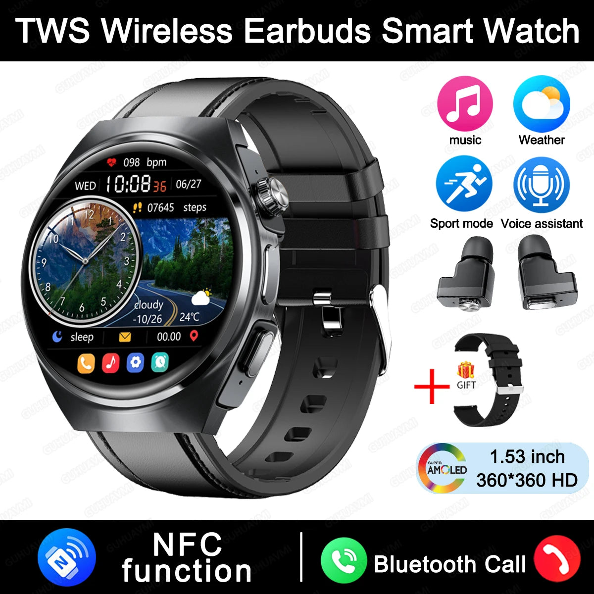 New Sapphire Screen Smart Watch Men 360*360 HD AMOLED TWS Headset Two In One Wireless Bluetooth Call Sport Fitness Smartwatches