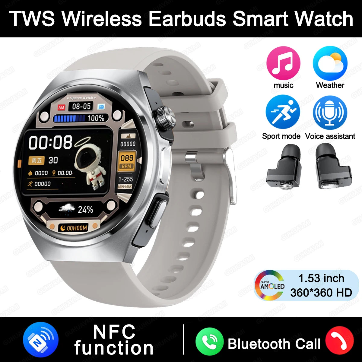 New Sapphire Screen Smart Watch Men 360*360 HD AMOLED TWS Headset Two In One Wireless Bluetooth Call Sport Fitness Smartwatches