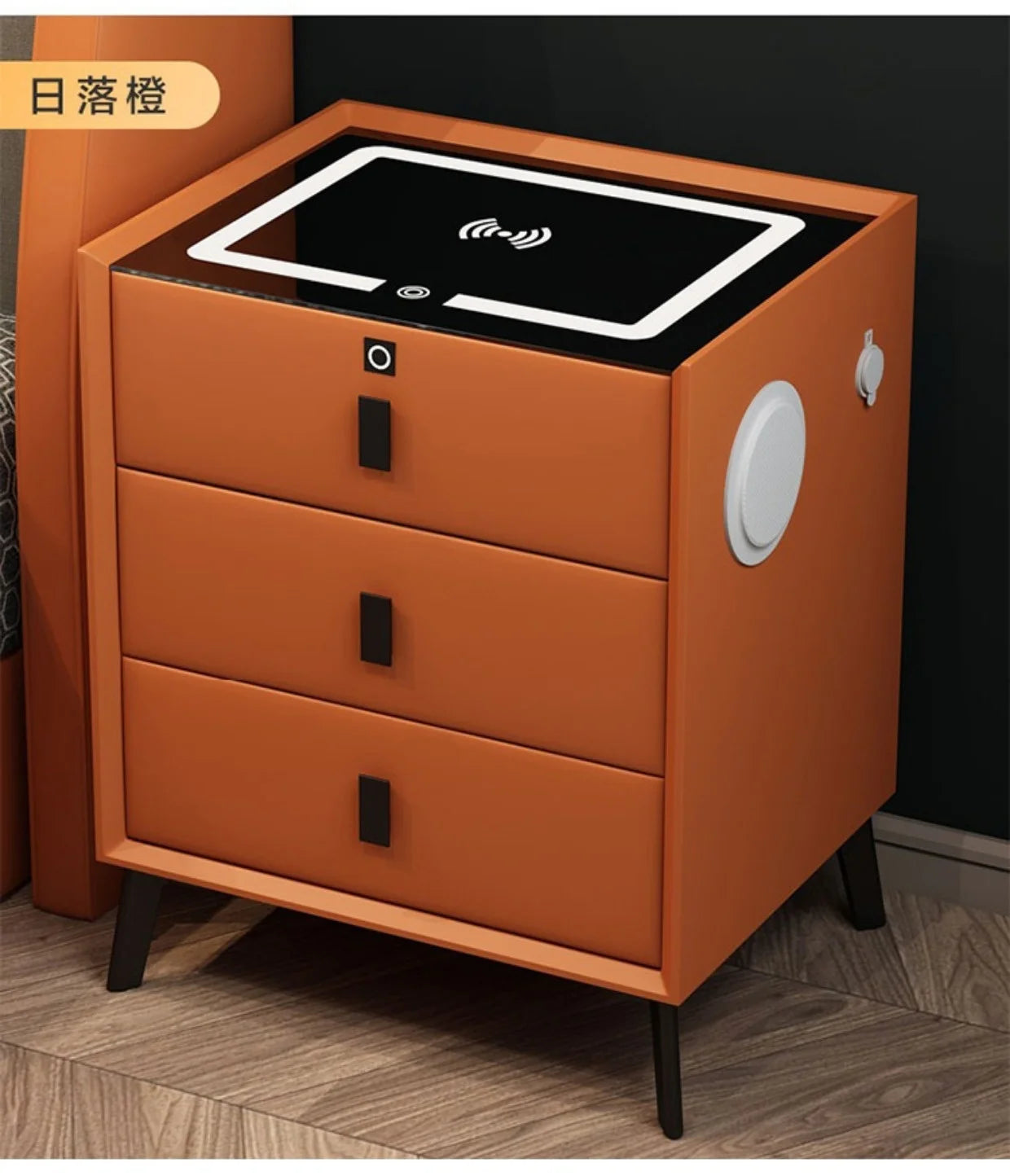 3 Drawers Smart Bedside Table with Wireless Charging Solid Wood Bedroom End Table with Fingerprints Lock Hotel Nightstands