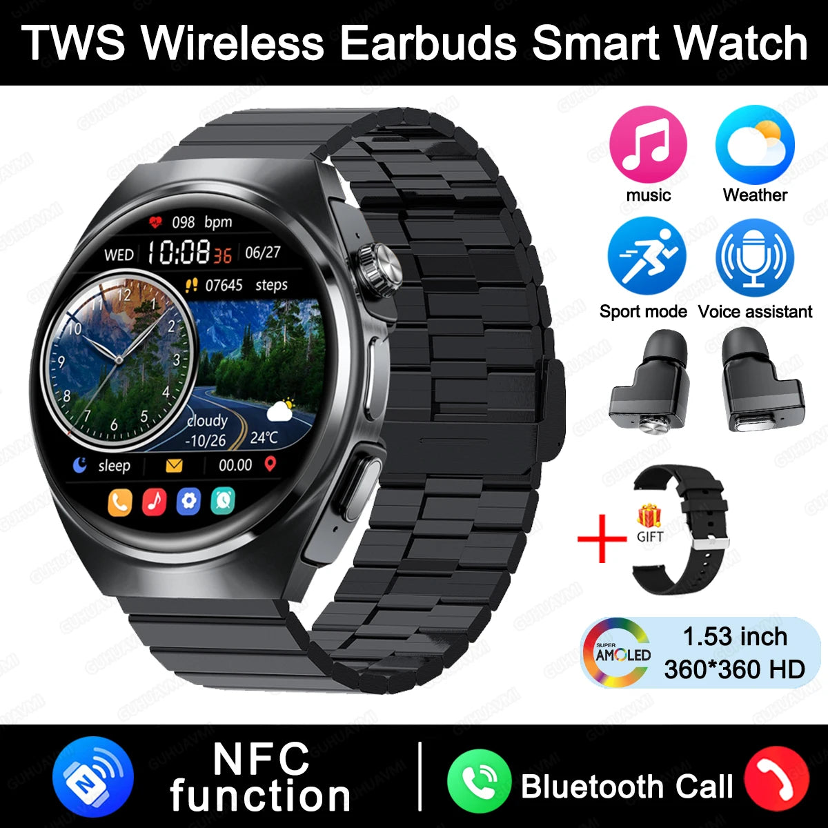 New Sapphire Screen Smart Watch Men 360*360 HD AMOLED TWS Headset Two In One Wireless Bluetooth Call Sport Fitness Smartwatches
