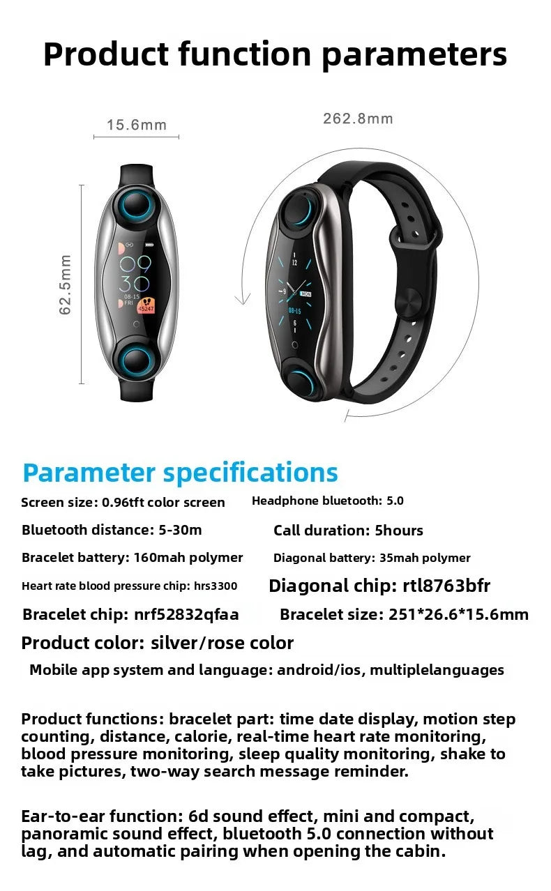 T90 teen heart rate and blood pressure smart bracelet, dual Bluetooth headset two-in-one, sports, Bluetooth call, bracelet
