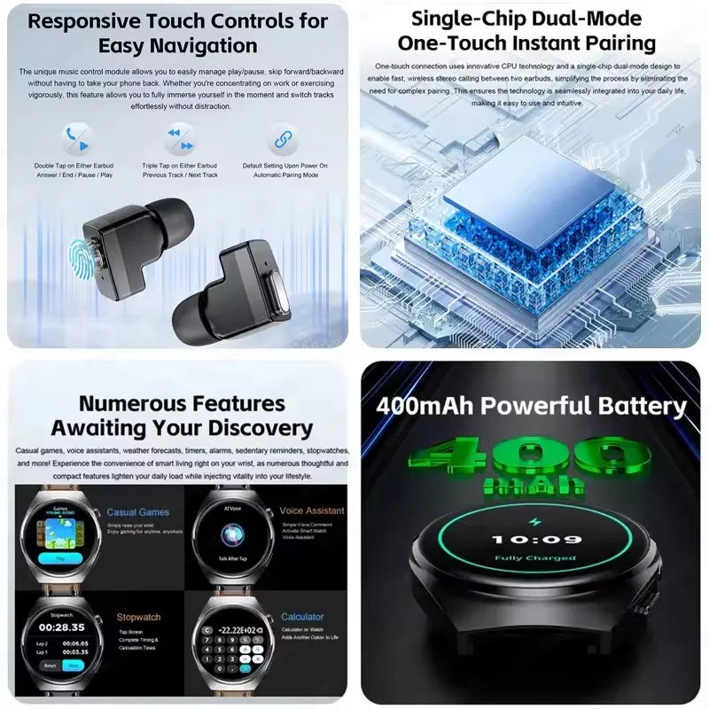 New Sapphire Screen Smart Watch Men 360*360 HD AMOLED TWS Headset Two In One Wireless Bluetooth Call Sport Fitness Smartwatches