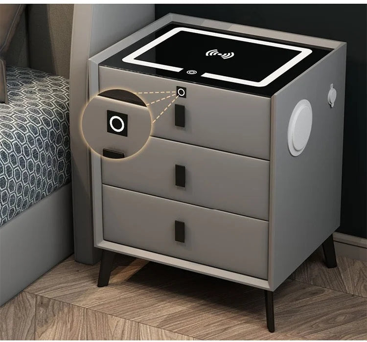 3 Drawers Smart Bedside Table with Wireless Charging Solid Wood Bedroom End Table with Fingerprints Lock Hotel Nightstands