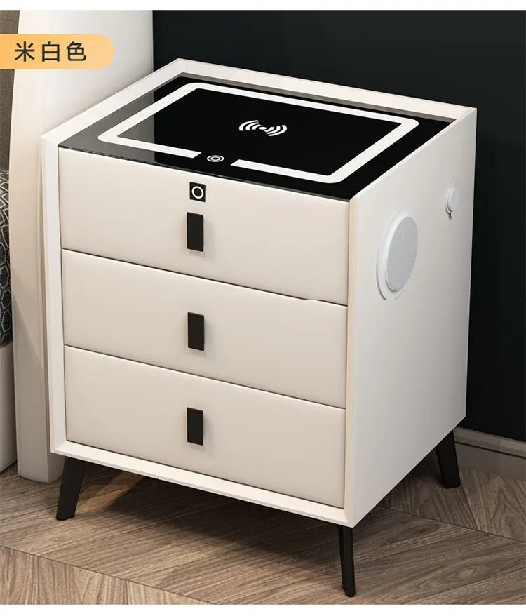 3 Drawers Smart Bedside Table with Wireless Charging Solid Wood Bedroom End Table with Fingerprints Lock Hotel Nightstands