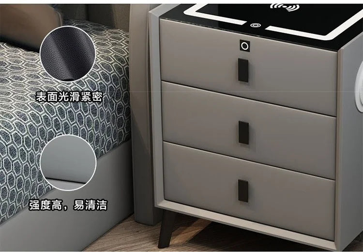 3 Drawers Smart Bedside Table with Wireless Charging Solid Wood Bedroom End Table with Fingerprints Lock Hotel Nightstands