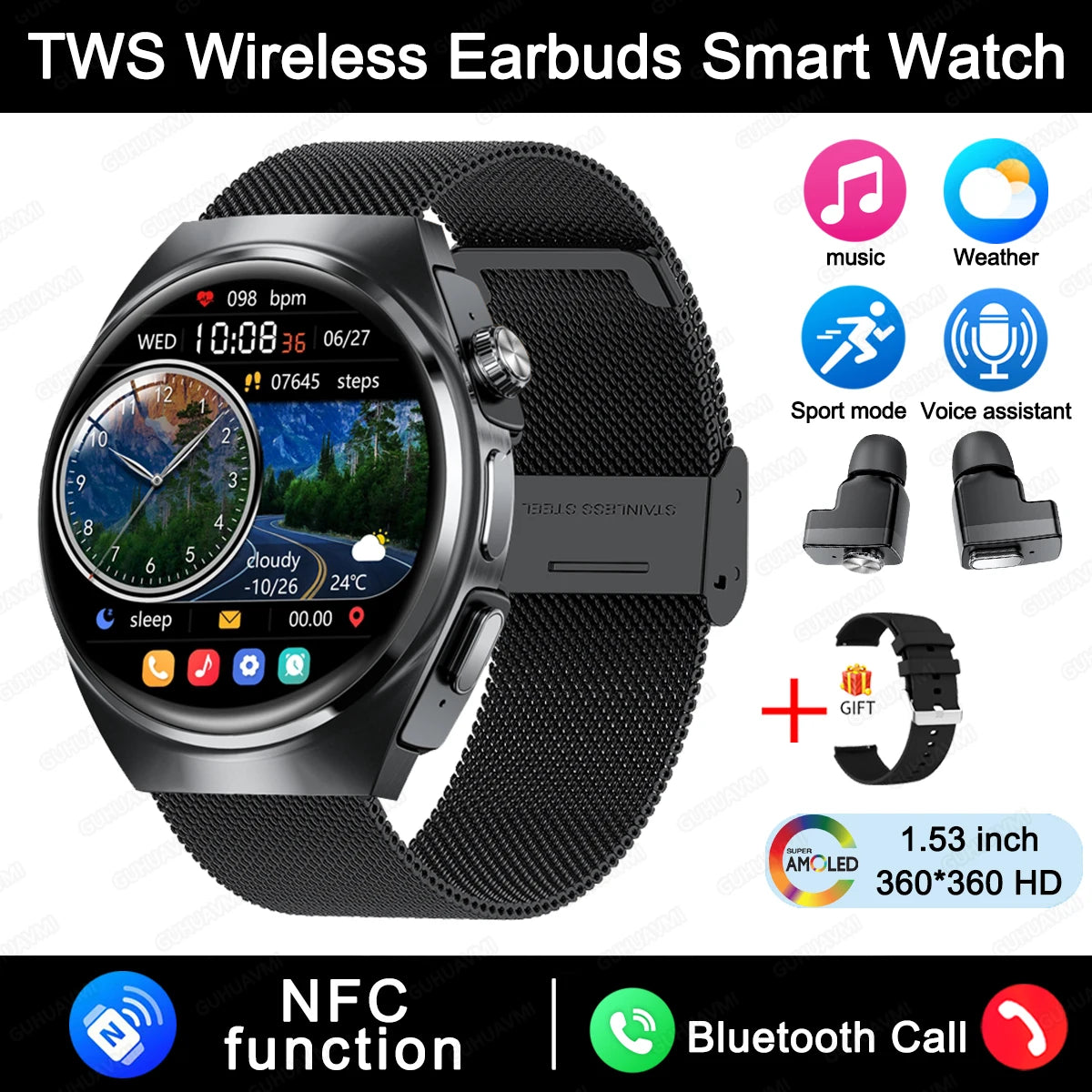 New Sapphire Screen Smart Watch Men 360*360 HD AMOLED TWS Headset Two In One Wireless Bluetooth Call Sport Fitness Smartwatches