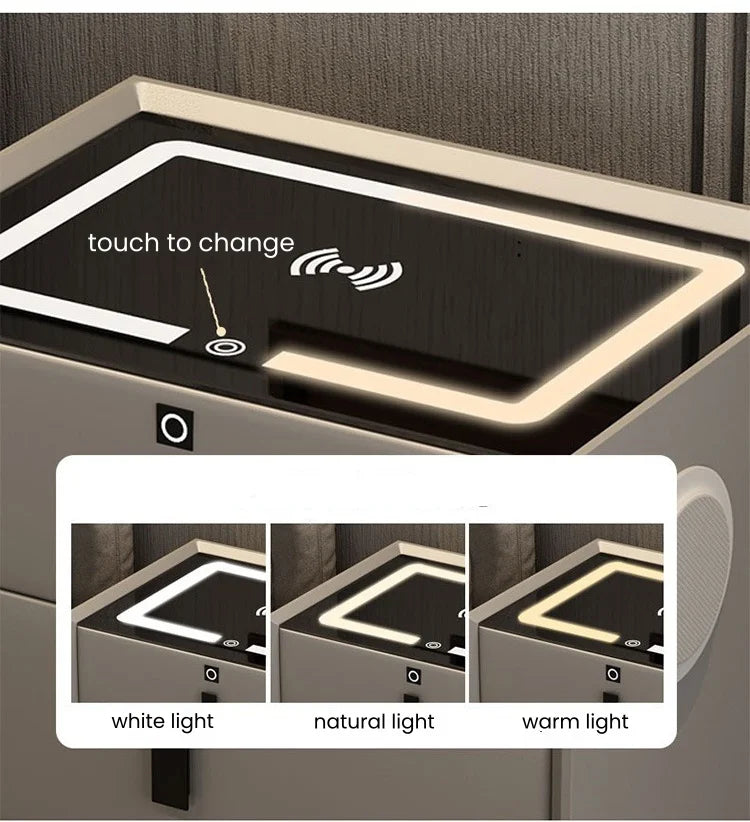 3 Drawers Smart Bedside Table with Wireless Charging Solid Wood Bedroom End Table with Fingerprints Lock Hotel Nightstands