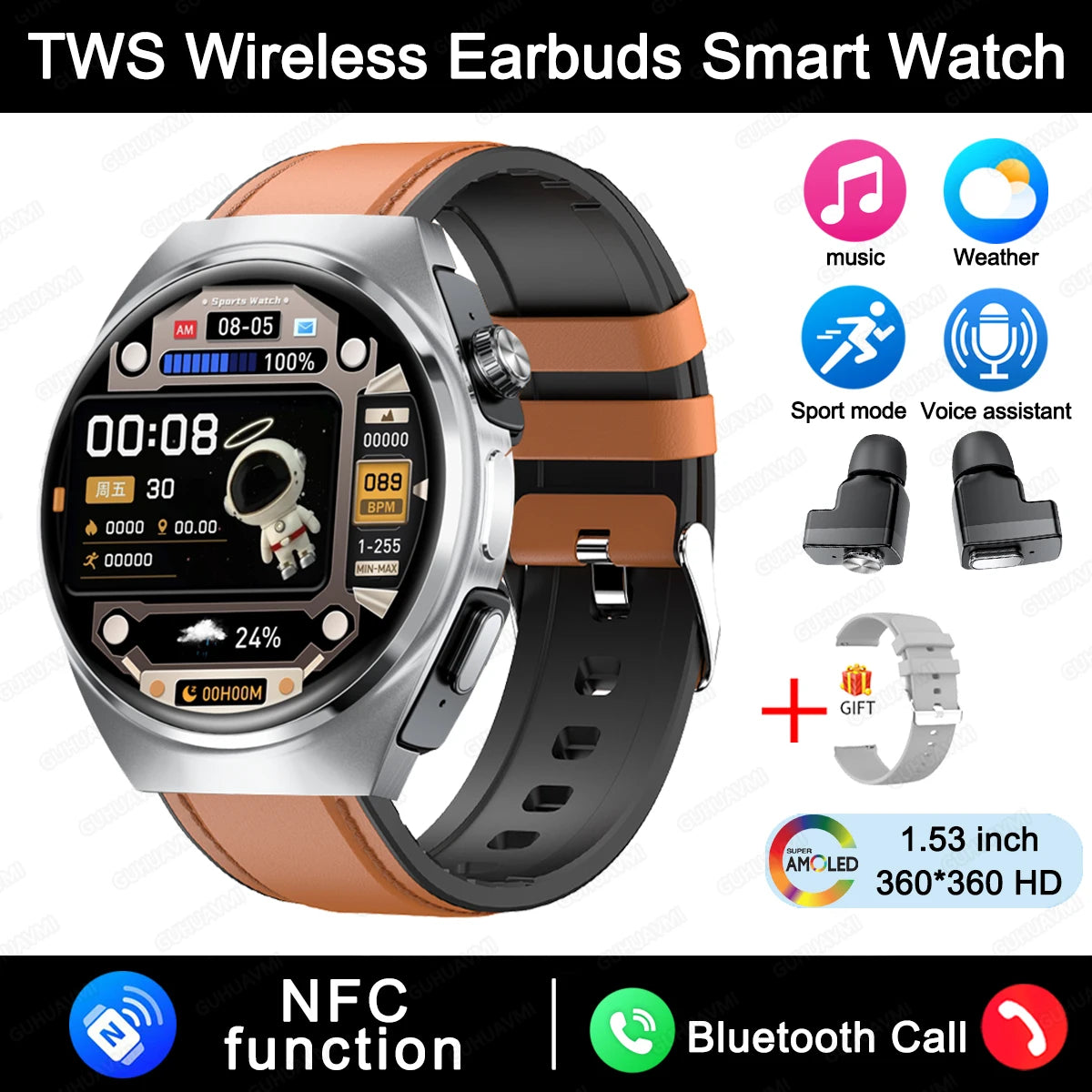 New Sapphire Screen Smart Watch Men 360*360 HD AMOLED TWS Headset Two In One Wireless Bluetooth Call Sport Fitness Smartwatches