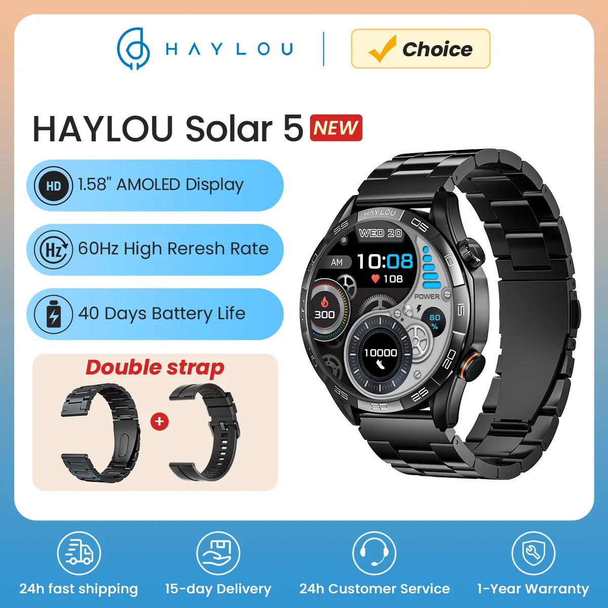 HAYLOU Solar 5 Voice Calling Smartwatch 1.58'' AMOLED Display 60Hz Smart Watch 24H Health Monitoring Sports Smartwatch for Men