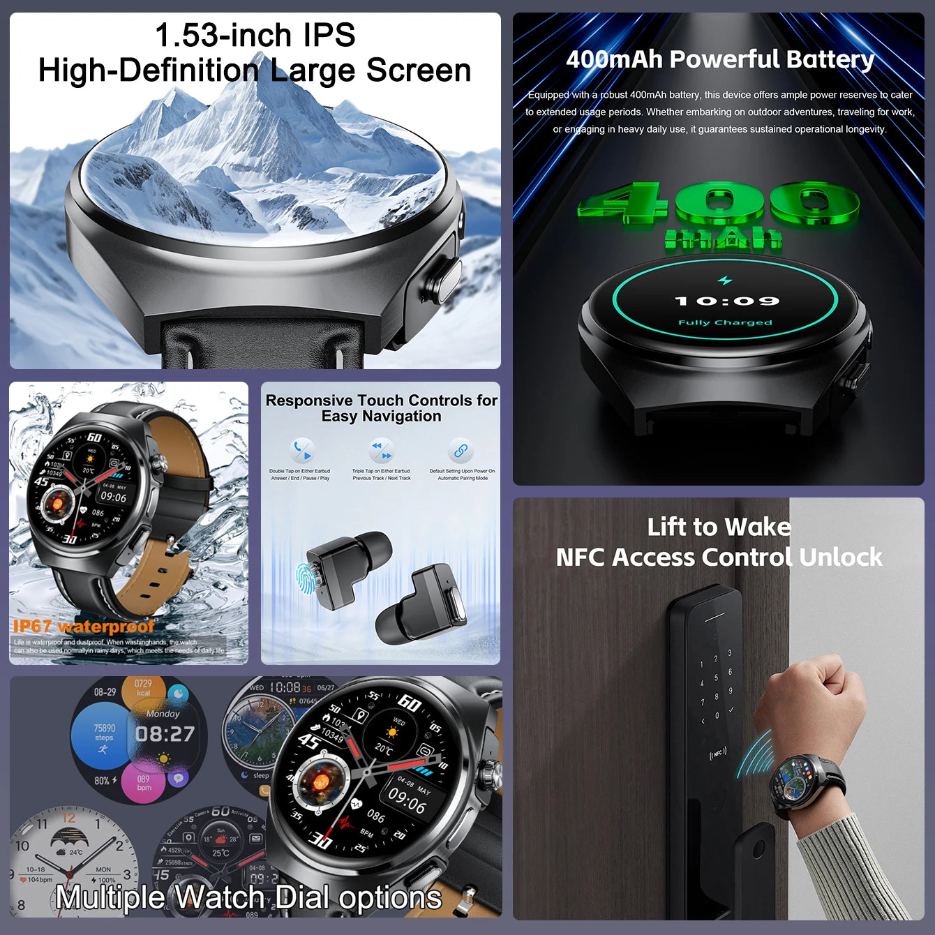 New Sapphire Screen Smart Watch Men 360*360 HD AMOLED TWS Headset Two In One Wireless Bluetooth Call Sport Fitness Smartwatches