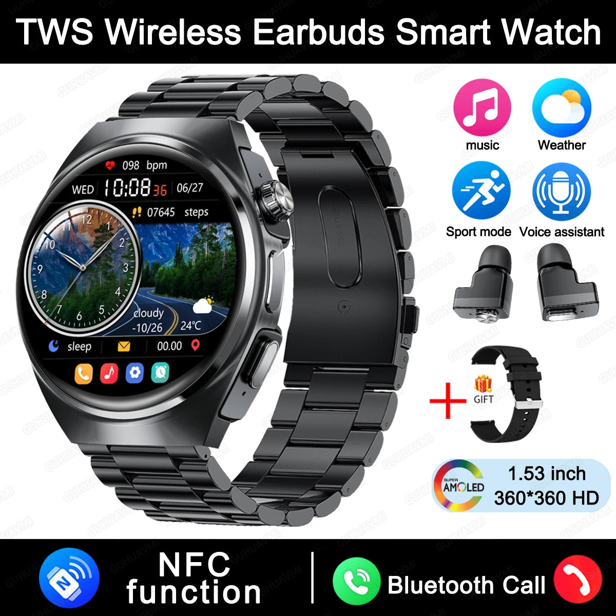 New Sapphire Screen Smart Watch Men 360*360 HD AMOLED TWS Headset Two In One Wireless Bluetooth Call Sport Fitness Smartwatches