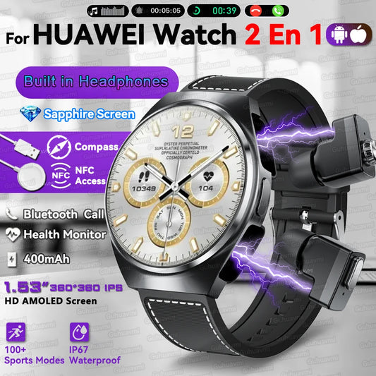New Sapphire Screen Smart Watch Men 360*360 HD AMOLED TWS Headset Two In One Wireless Bluetooth Call Sport Fitness Smartwatches