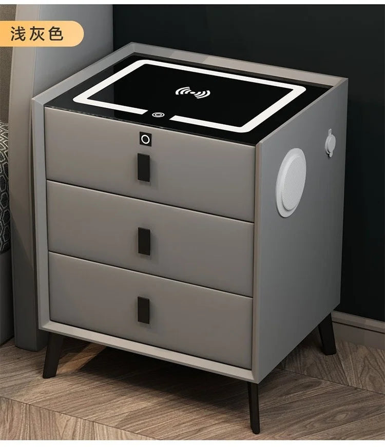 3 Drawers Smart Bedside Table with Wireless Charging Solid Wood Bedroom End Table with Fingerprints Lock Hotel Nightstands