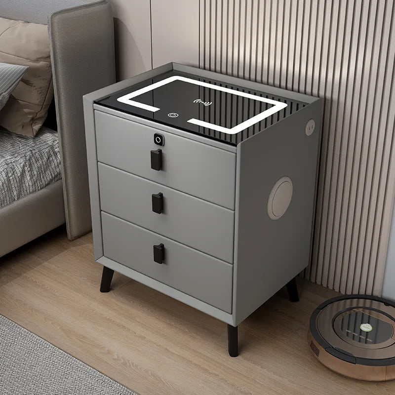 3 Drawers Smart Bedside Table with Wireless Charging Solid Wood Bedroom End Table with Fingerprints Lock Hotel Nightstands