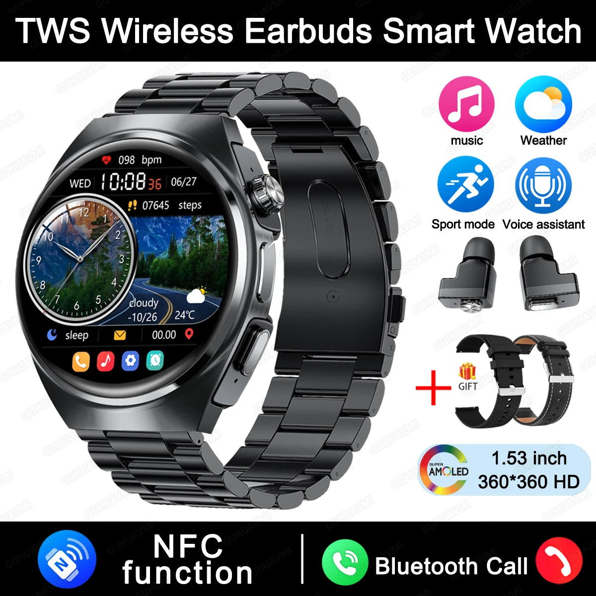 New Sapphire Screen Smart Watch Men 360*360 HD AMOLED TWS Headset Two In One Wireless Bluetooth Call Sport Fitness Smartwatches