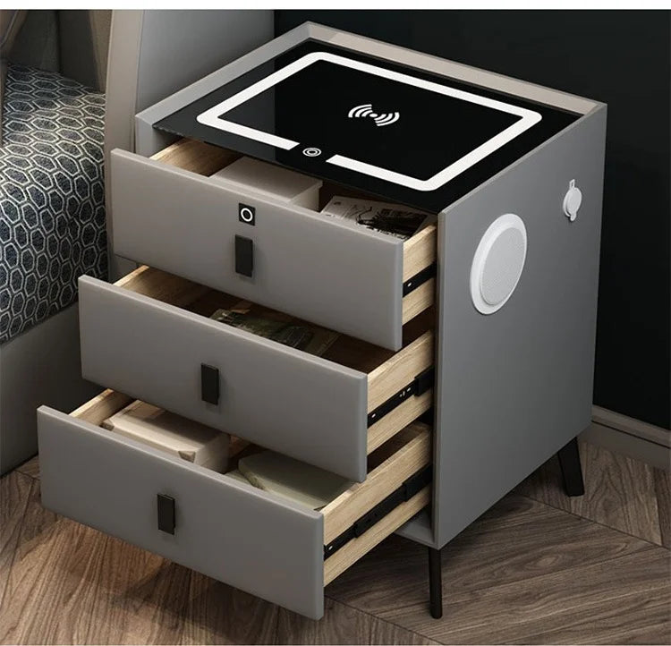 3 Drawers Smart Bedside Table with Wireless Charging Solid Wood Bedroom End Table with Fingerprints Lock Hotel Nightstands
