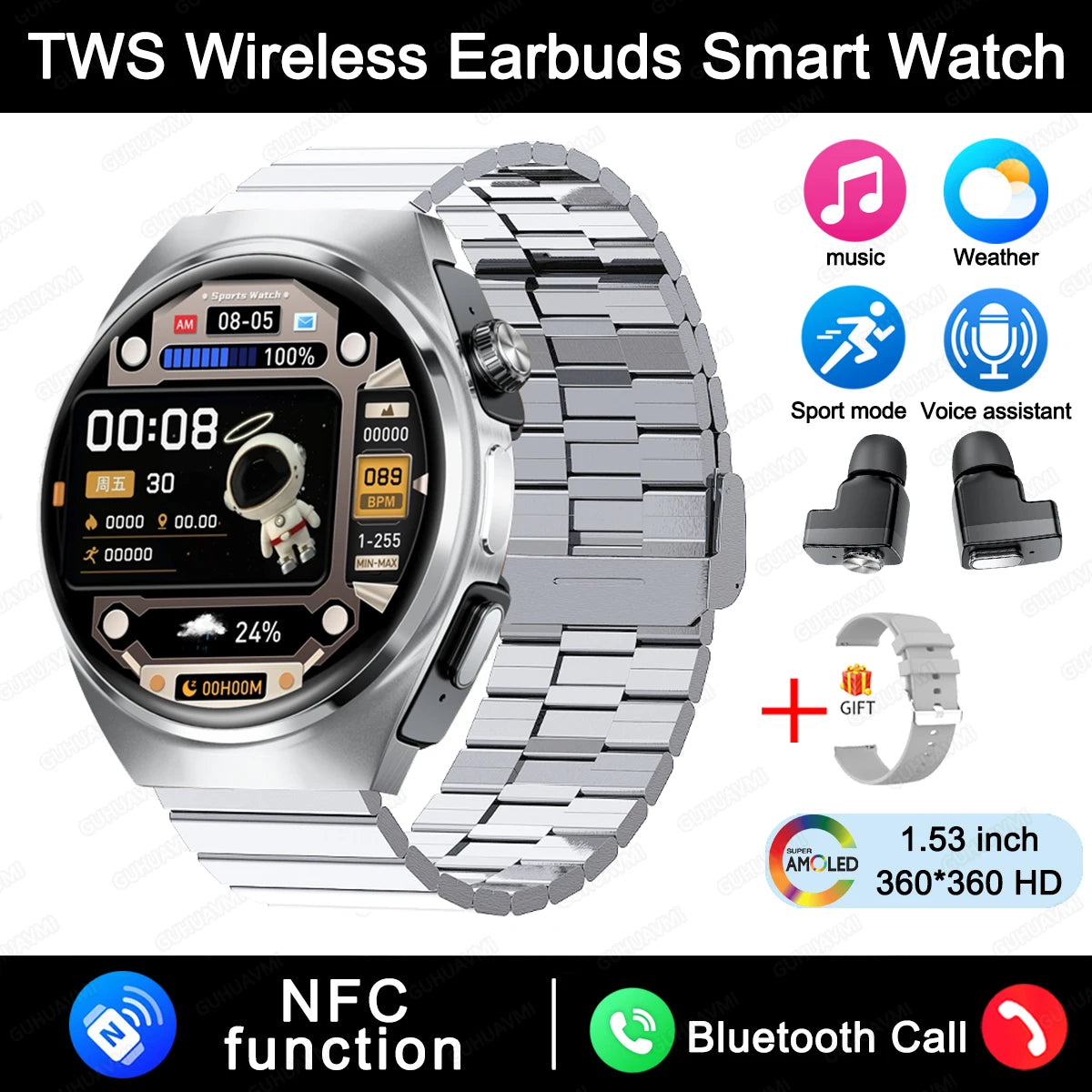 New Sapphire Screen Smart Watch Men 360*360 HD AMOLED TWS Headset Two In One Wireless Bluetooth Call Sport Fitness Smartwatches