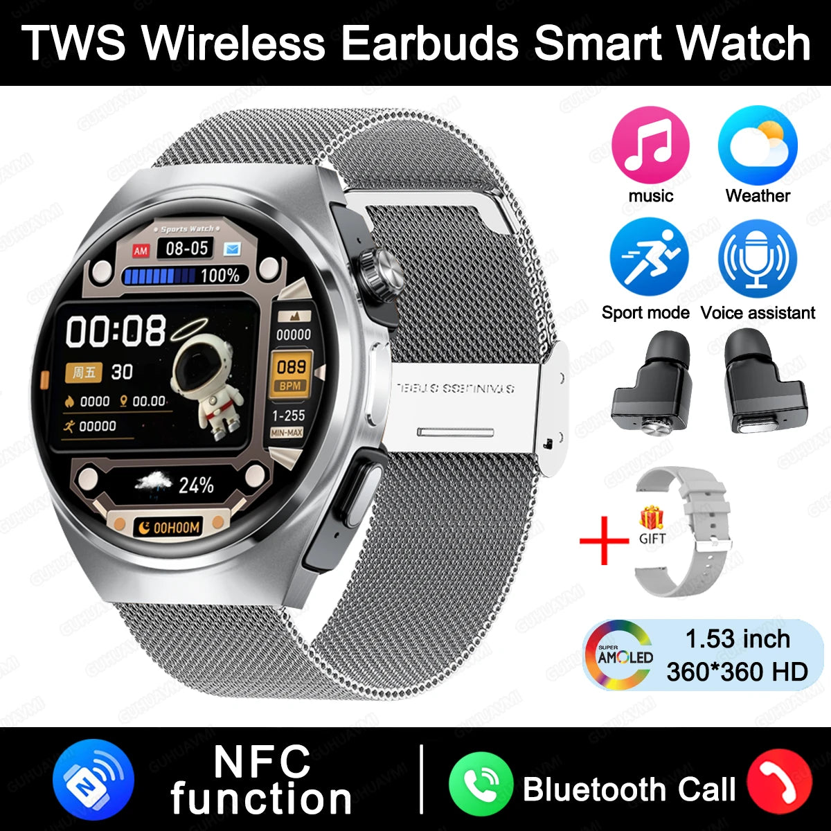 New Sapphire Screen Smart Watch Men 360*360 HD AMOLED TWS Headset Two In One Wireless Bluetooth Call Sport Fitness Smartwatches