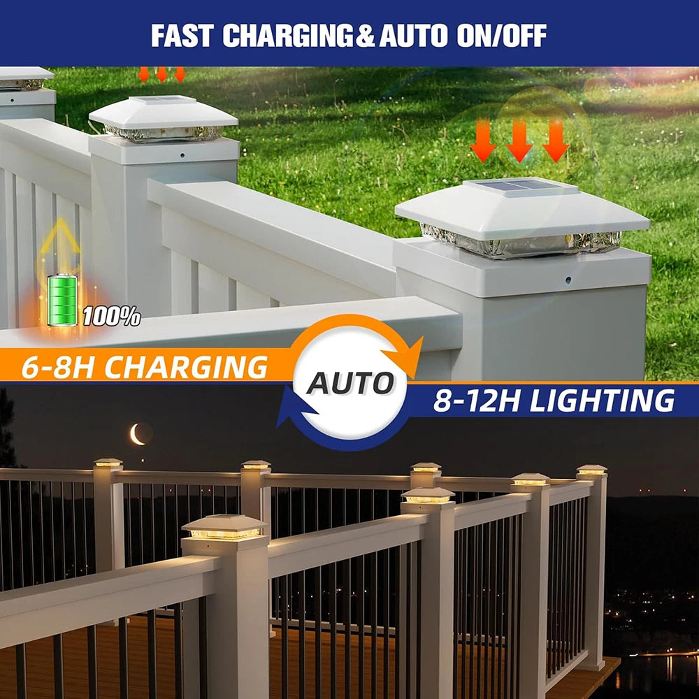 6PCS 4x4 Solar Post Cap Light - Solar Powered Warm White Fence Lights for Wooden/Vinyl Posts Outdoor Lighting for Garden & Porch