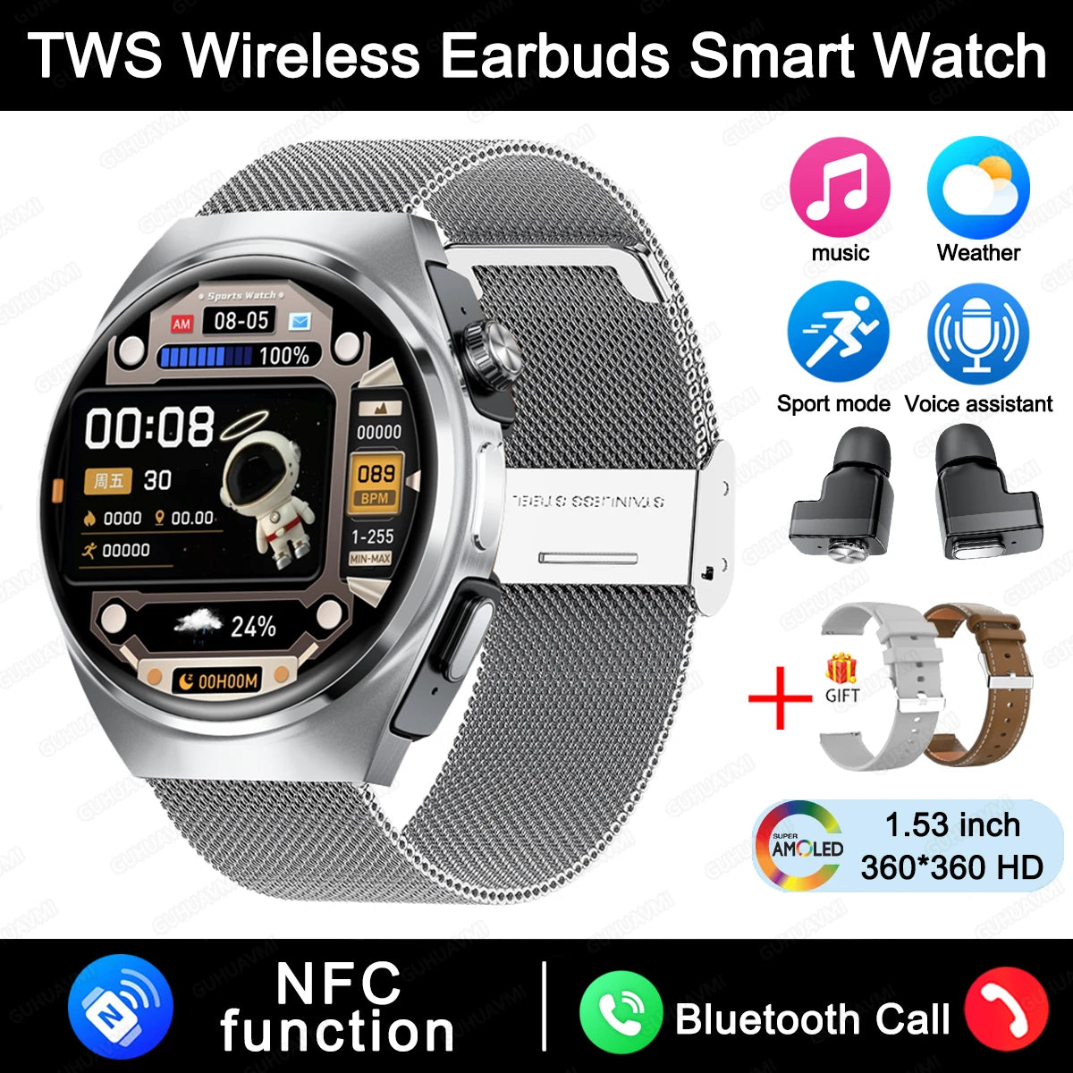 New Sapphire Screen Smart Watch Men 360*360 HD AMOLED TWS Headset Two In One Wireless Bluetooth Call Sport Fitness Smartwatches
