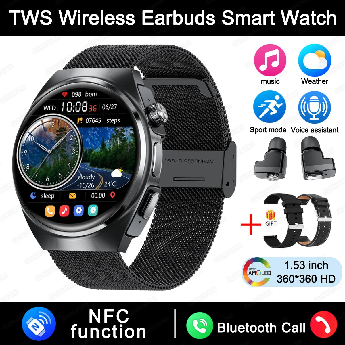 New Sapphire Screen Smart Watch Men 360*360 HD AMOLED TWS Headset Two In One Wireless Bluetooth Call Sport Fitness Smartwatches