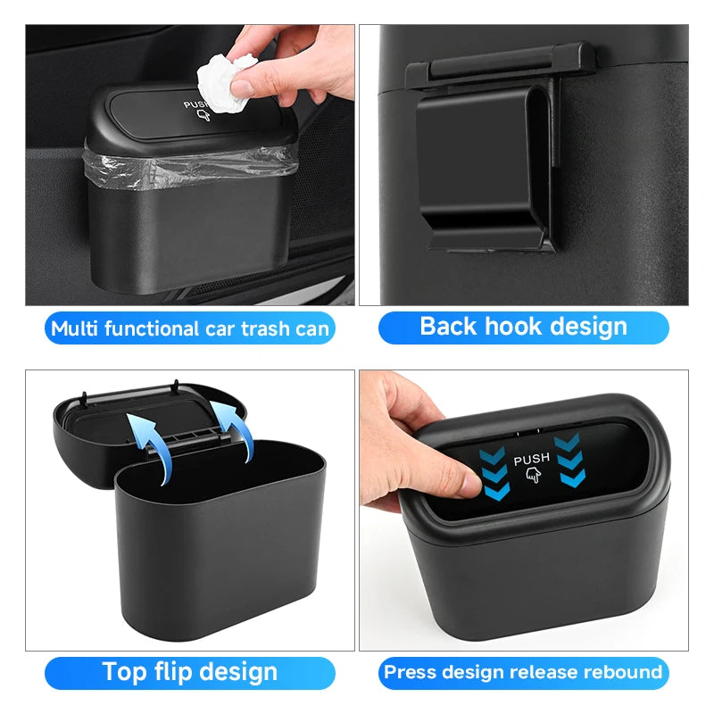 Universal Car Clamshell Trash Bin Hanging Vehicle Garbage Dust Case Storage Box Black Square Pressing Trash Can Accessories